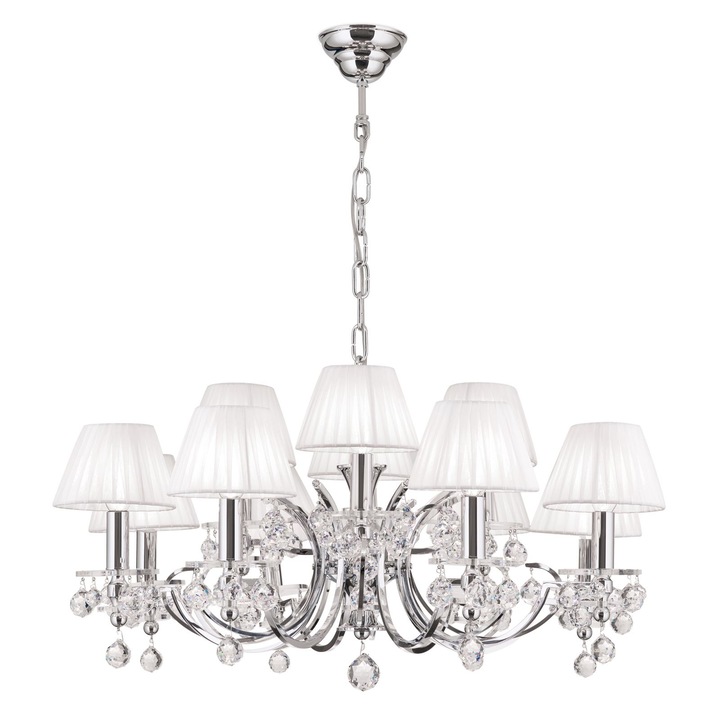 Полилей KRISTALLDESIGN, 12 лампи E14, 105x70 см, масивен хромиран месинг с бели абажури, кристални висулки Swarovski ORION