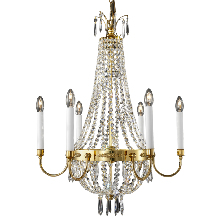 Candelabru EMPIRE CRYSTAL, 6 lumini E14, cadru alama solida, pandantive sticla de cristal Asfour, diametru 62cm, placat cu aur de 24K ORION