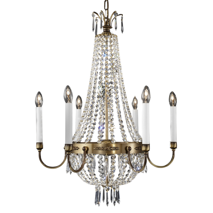 Candelabru EMPIRE CRYSTAL, 6 lumini E14, cadru alama solida, pandantive sticla de cristal Asfour, diametru 62cm, finisaj alama antica ORION