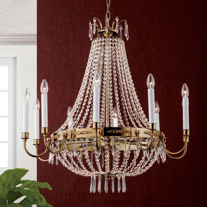 Полилей EMPIRE CRYSTAL, 10 лампи E14, масивна месингова рамка, кристални висулки Schoeler, диаметър 80 см, 24K златно покритие ORION
