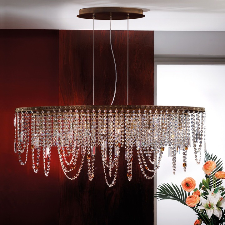 Полилей KRISTALLDESIGN, 110x25 см, 10 лампи G9, масивен месинг с патинирано покритие от античен месинг, кристални висулки Schoeler ORION