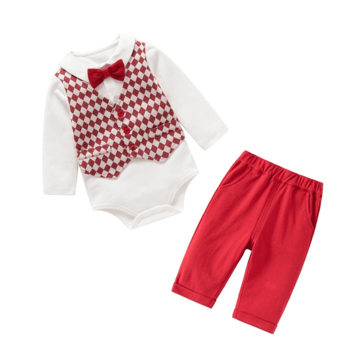 Compleu 2 piese, body cu papion si pantaloni rosu pentru baieti