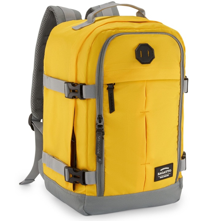 Rucsac calatorie multifunctional, Zagatto, Galben-Gri, Bagaj mana 40x20x25 cm, Compatibil Wizz Air, Ryanair, Curele de compresie, Atasabil la valiza, Impermeabil, Capacitate 20L, 10 kg, Se deschide la 90 grade, ZG928