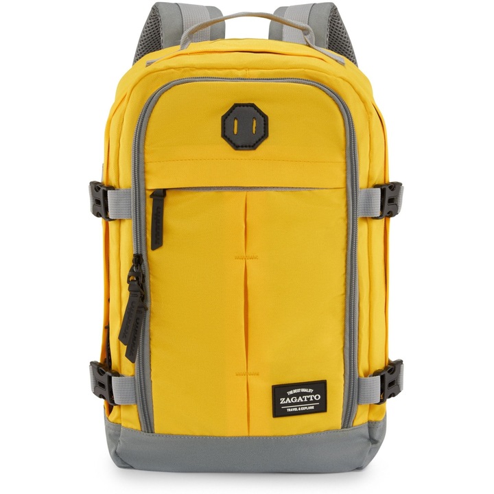 Rucsac calatorie multifunctional, Zagatto, Galben-Gri, Bagaj mana 40x20x25 cm, Compatibil Wizz Air, Ryanair, Curele de compresie, Atasabil la valiza, Impermeabil, Capacitate 20L, 10 kg, Se deschide la 90 grade, ZG928