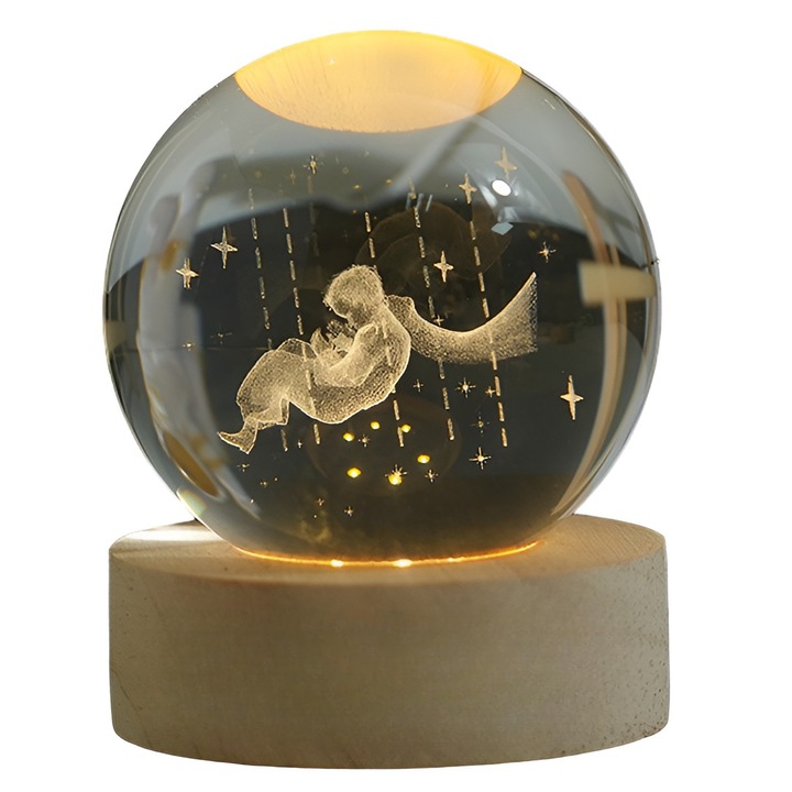 Lampa LED decorativa, model Micul Print, 3D, cu bila de cristal cu diametru de 6 cm, incarcare USB, suport din lemn, Galben