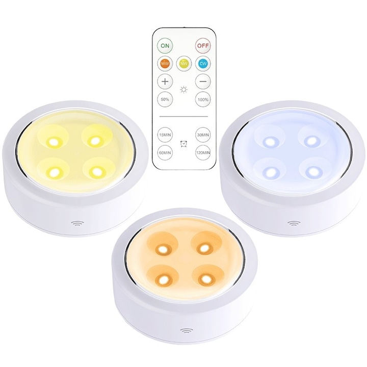 Set de 3 Lampi Led, Fara Fir, Cu Baterii, 3 Culori de Lumina, cu Telecomanda, din Plastic, Alb