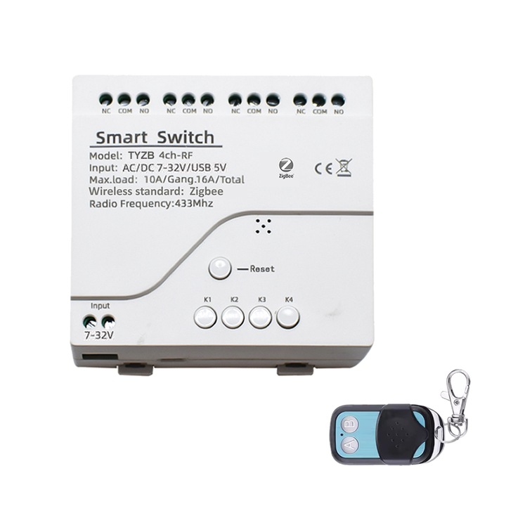 Intelligens relé, HomeVast®, 4 csatorna, ZigBee+RF, 3 üzemmóddal, 7-32V/USB, kompatibilis a TuyaSmart, SmartLife, Google Home és Amazon Alexa szoftverekkel