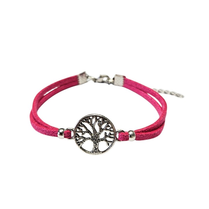 Bratara Copacul vietii, din piele intoarsa eco, lucrata manual by Wild Bracelets, Roz, reglabil