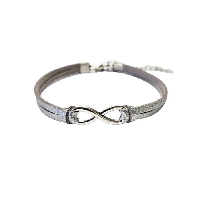 Bratara Infinit, din piele intoarsa eco, argintie, lucrata manual by Wild Bracelets