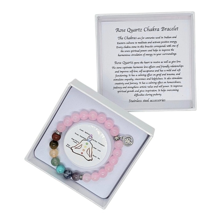 Bratara Chakra Rose Quartz, din pietre semipretioase in cutie cadou, Velve