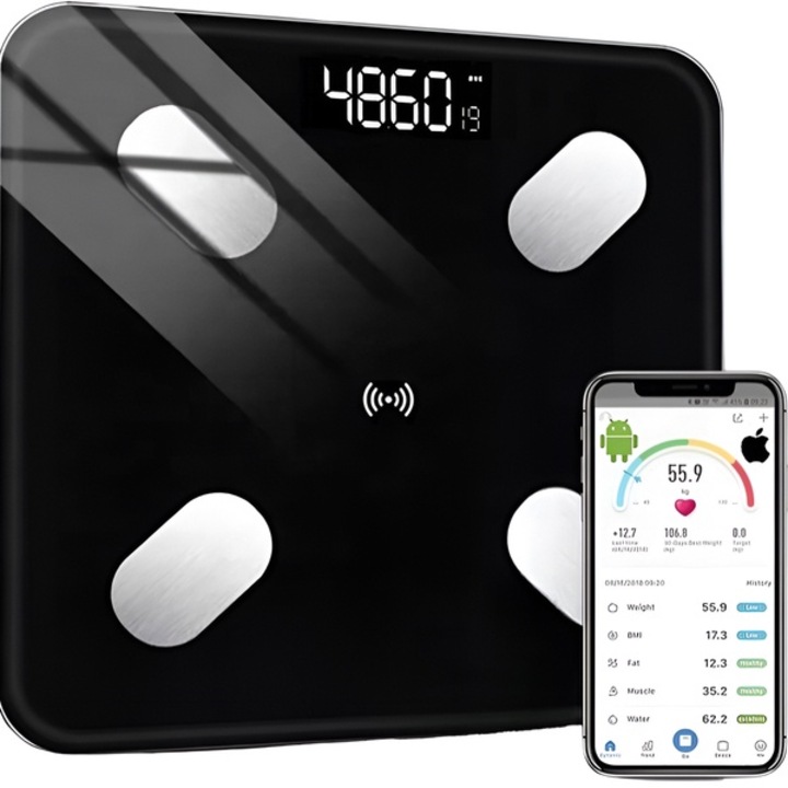 Обикновена смарт телесна везна, Bluetooth 4.0, модерен дизайн, черна
