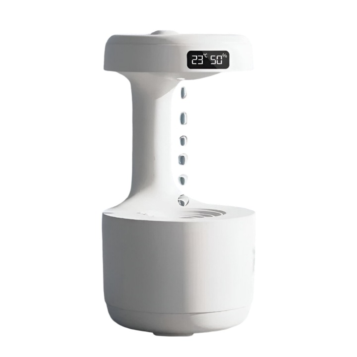 Antigravitációs párásító LED lámpával és órával, Generic, AH1113, fehér