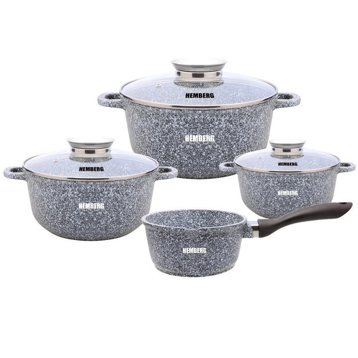 Set 7 oale si cratite, Hemberg, Aluminiu, Gri, 1.3L/2.3L/4.5L