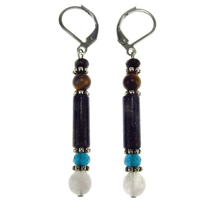 Cercei lungi mix lapis lazuli, piatra lunii, ochi de tigru