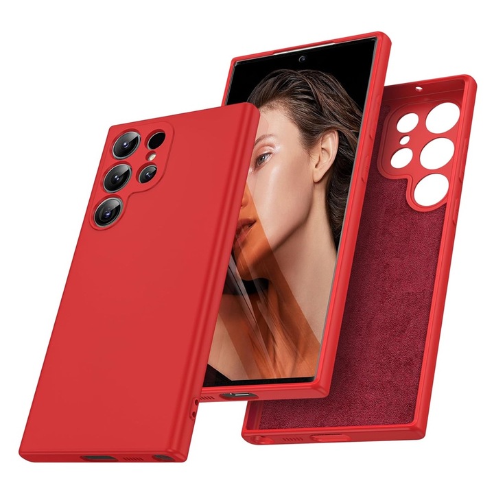 Husa Protectie VelvetFlex Silicon cu Microfibra pentru Samsung Galaxy S25 Ultra, OPTIM SOLUTION, Decupaje Precise, Drop+ Soft Material, High Quality Fiber Lining, Stylish Anti-Slip Design, Rosu