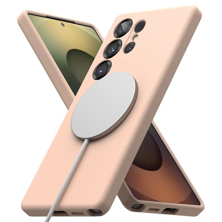 Husa Smooth Silicone Magnetica cu Microfibra pentru Samsung Galaxy S25 Ultra, Incarcare Wireless, High Quality Soft Material, Premium Fiber Lining, Unique Stylish Minimalist Design, Drop Protection, Roz