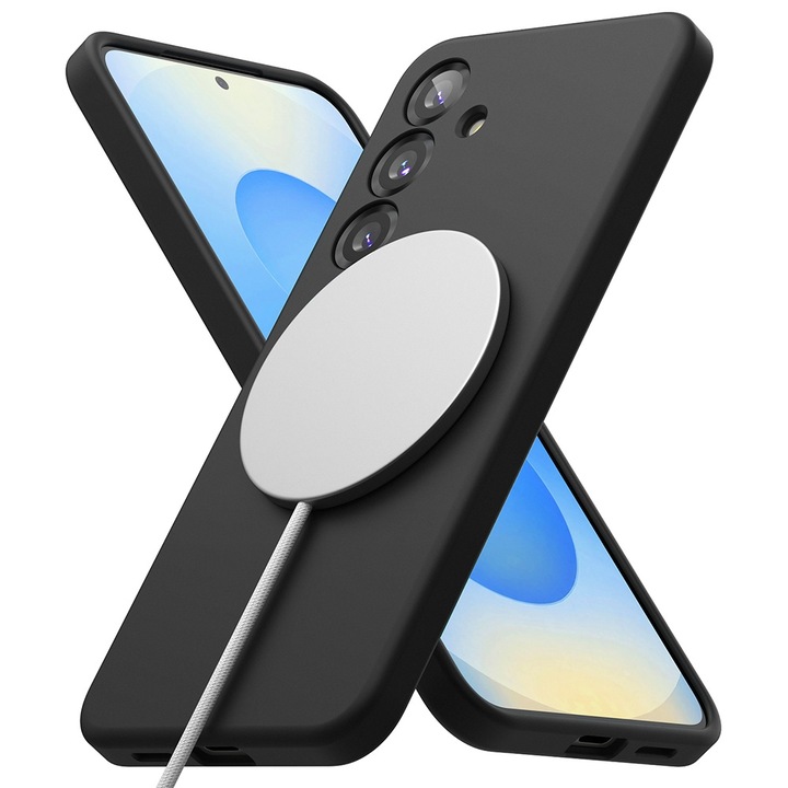 Гладък силиконов магнитен калъф с микрофибър за Samsung Galaxy S25+, ултра тънък, безжично зареждане, висококачествен мек материал, подплата от първокласни влакна, уникален стилен минималистичен дизайн, защита от падане, черен