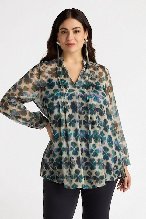 Fiorella Rubino, Bluza cu decolteu in V si model floral, Verde inchis/Verde persan/Transparent