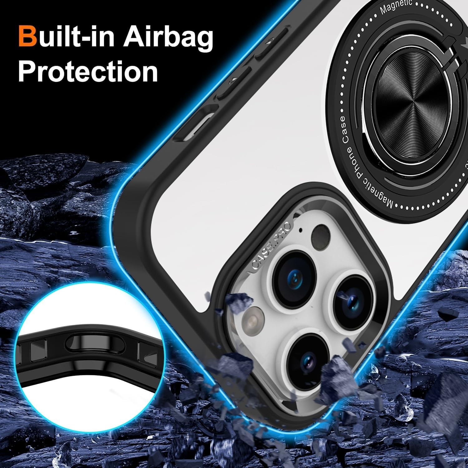 Husa de Protectie TPU, Flippy, pentru iPhone 16 Pro Max, Anticadere, cu Incarcare Wireless, Tehnologie Magsafe, Inel Magnetic Rotativ cu Functie de Suport, Transparent-Negru