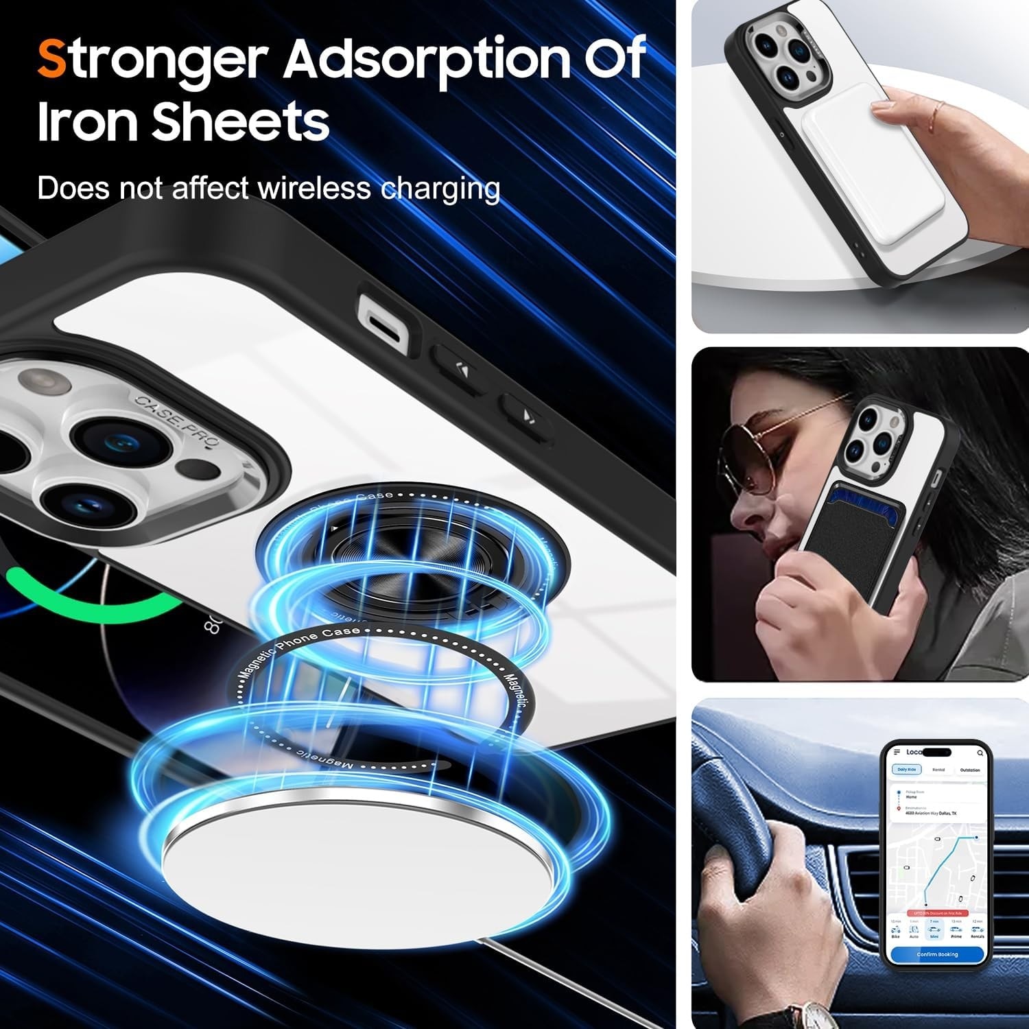 Husa de Protectie TPU, Flippy, pentru iPhone 16 Pro Max, Anticadere, cu Incarcare Wireless, Tehnologie Magsafe, Inel Magnetic Rotativ cu Functie de Suport, Transparent-Negru
