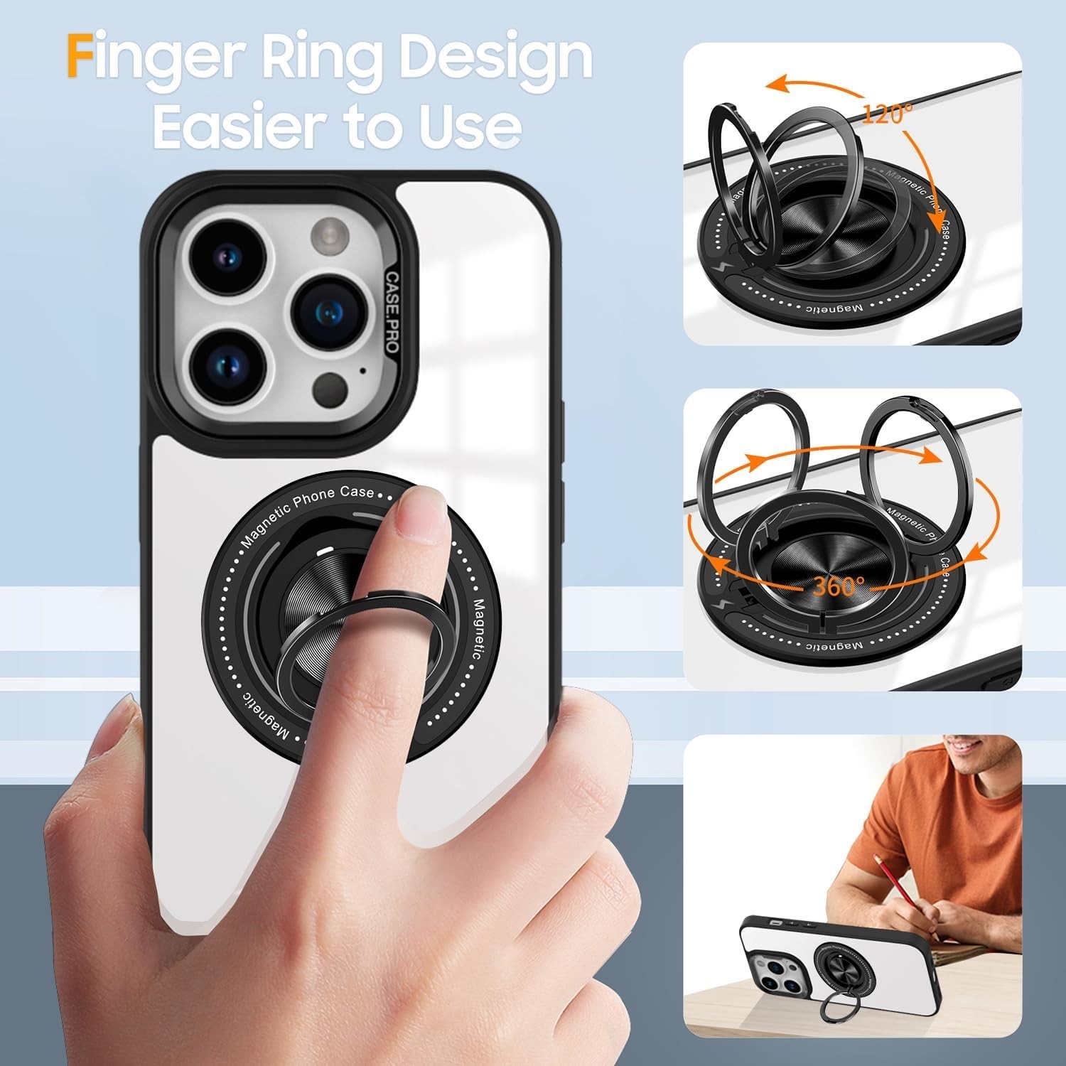 Husa de Protectie TPU, Flippy, pentru iPhone 16 Pro Max, Anticadere, cu Incarcare Wireless, Tehnologie Magsafe, Inel Magnetic Rotativ cu Functie de Suport, Transparent-Negru