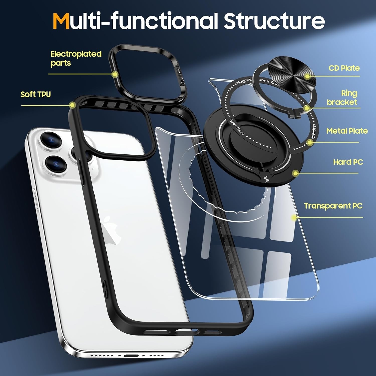 Husa de Protectie TPU, Flippy, pentru iPhone 16 Pro Max, Anticadere, cu Incarcare Wireless, Tehnologie Magsafe, Inel Magnetic Rotativ cu Functie de Suport, Transparent-Negru