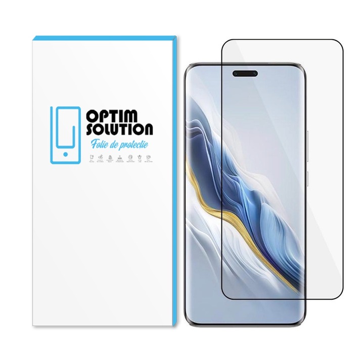 Протектор Optim Solution, За Honor 100 Pro, 5D, Извит екран, 9H устойчивост, Цялостно залепване, HD яснота, Пълно лепило, Нечупливи ръбове, Технология за оптимална защита, Ясна визия, Черен
