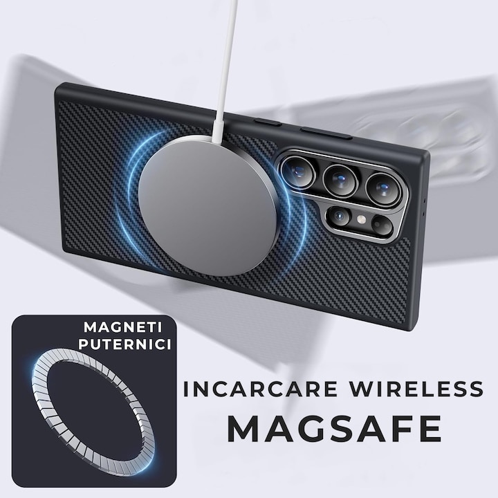 Husa Premium pentru Samsung Galaxy S25 Ultra din fibra de aramida/kevlar, MagSafe, Protectie Impotriva socurilor, Protectie Camera, Negru