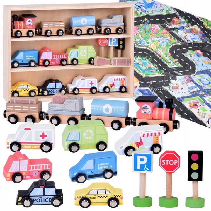Set de masinute WoodenToyCars din Lemn, Include Raft Depozitare, Covoras Oras cu Strazi si Semne de Circulatie, Locomotiva cu 3 Vagoane, Masina Pompieri, Taxi, Ambulanta, Masina de Politie, Masina de Curierat, Masina de Gunoi, Masina de Inghetata, + 3 Ani