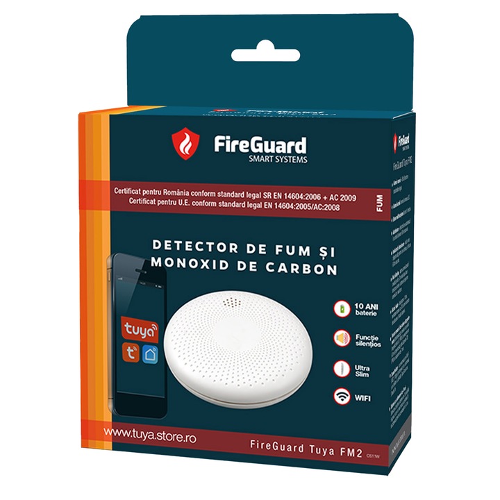 FireGuard Tuya FM2 2-в-1 Wi-Fi детектор за дим и въглероден окис, телефонна аларма, сертификат, 10 години батерия