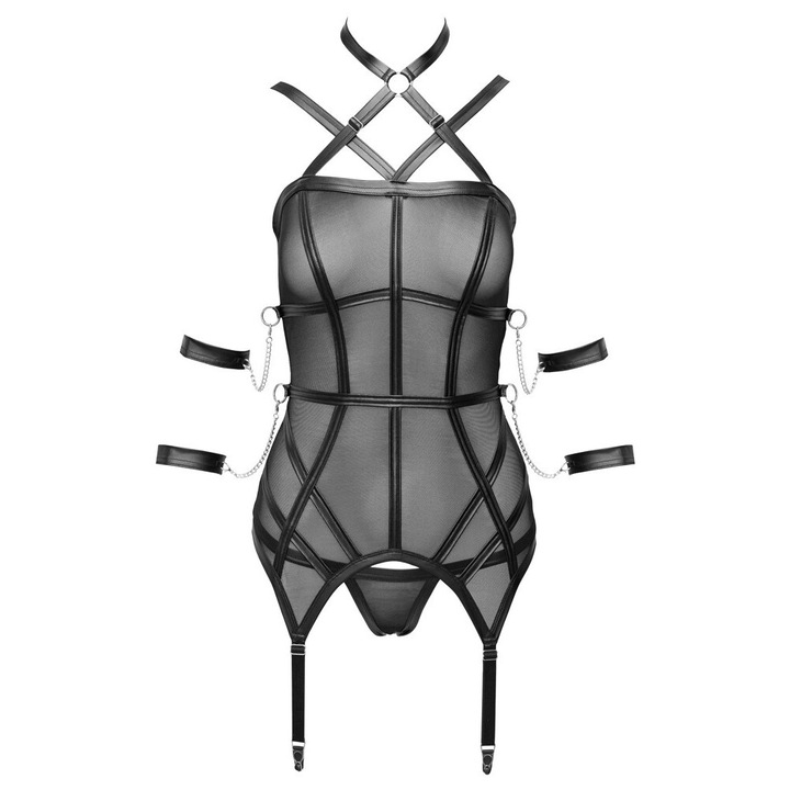 Боди BDSM, Cottelli, дантела и прашки, Черен, размер М