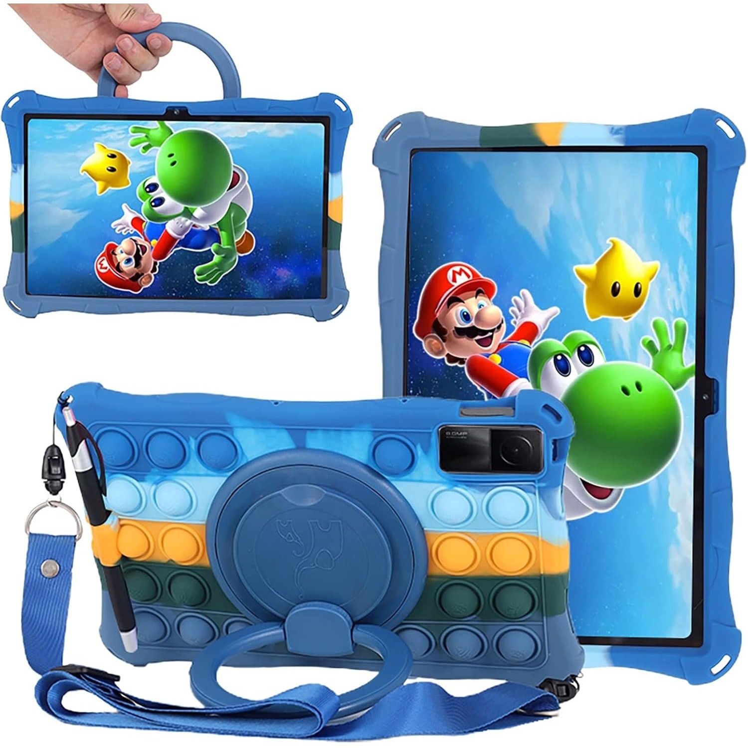 Husa tableta ESSTORE pentru Xiaomi Redmi Pad 10.61 inch, maner rotativ Kickstand, silicon, rezistenta la socuri, cu curea de umar si suport creion Stylus, design Pop it, multicolor