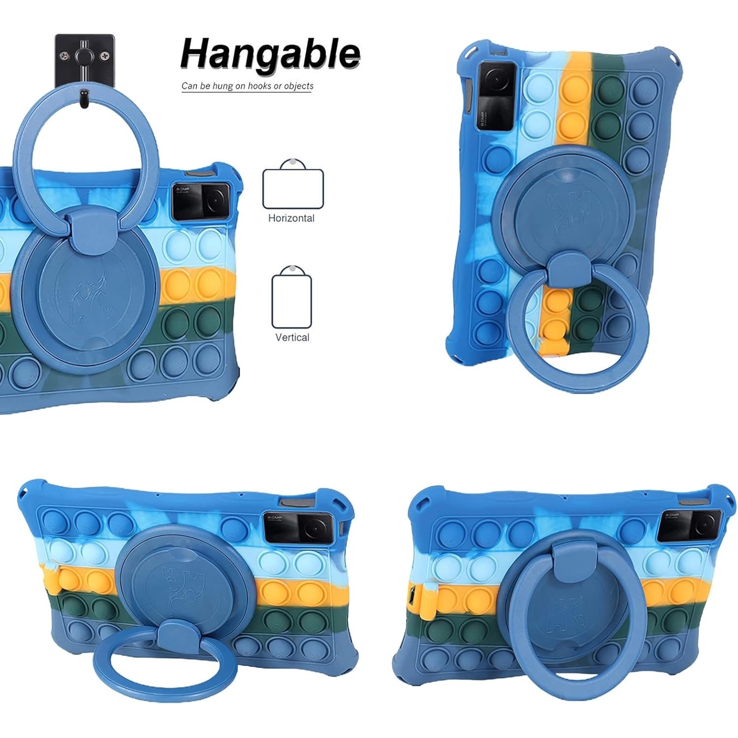 Husa tableta ESSTORE pentru Xiaomi Redmi Pad 10.61 inch, maner rotativ Kickstand, silicon, rezistenta la socuri, cu curea de umar si suport creion Stylus, design Pop it, multicolor