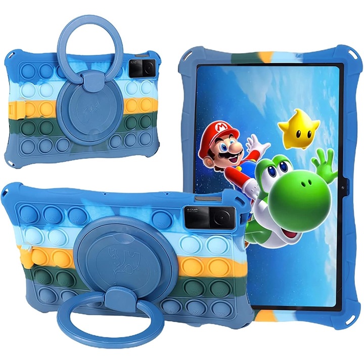 Husa tableta ESSTORE pentru Xiaomi Redmi Pad 10.61 inch, maner rotativ Kickstand, silicon, rezistenta la socuri, cu curea de umar si suport creion Stylus, design Pop it, multicolor