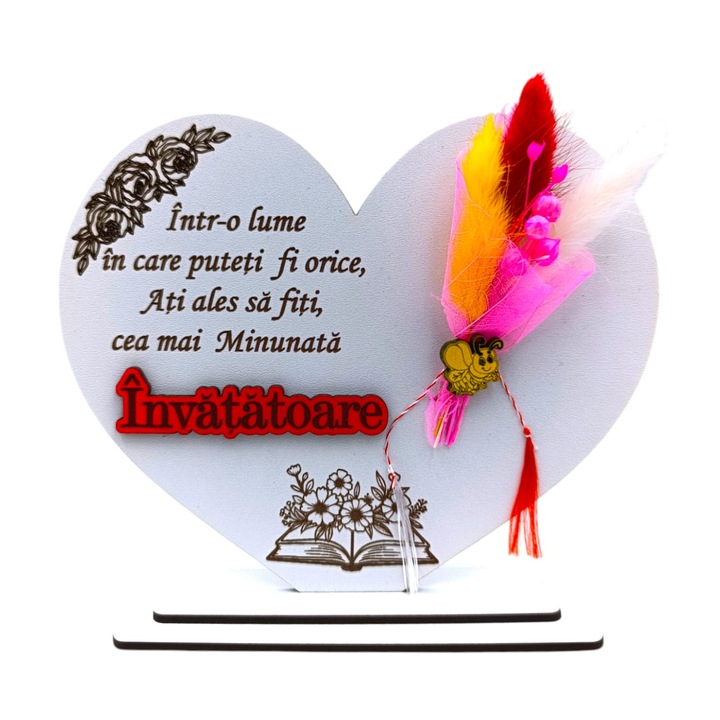 Decoratiune Inima, cadou personalizat cu mesaj standard pentru Invatatoare, model 2, dimensiune 15cm