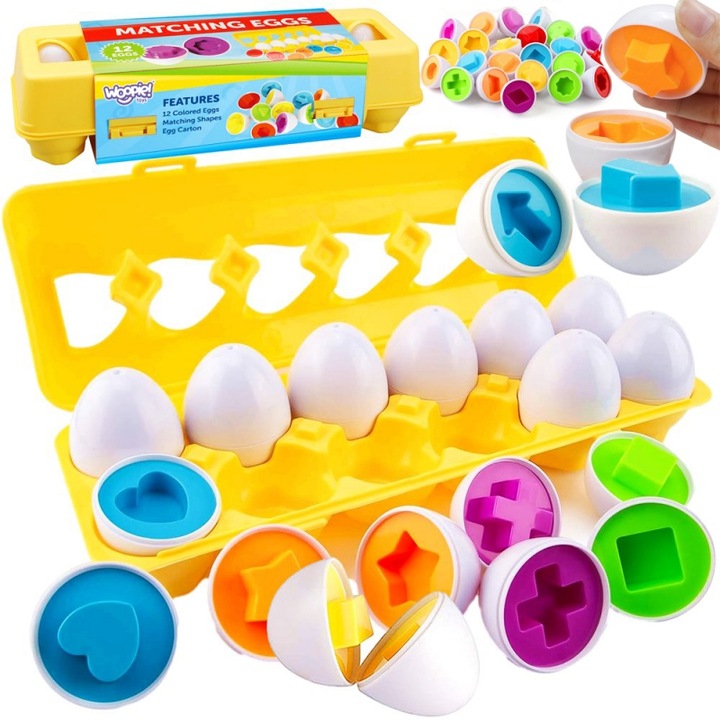 Joc educativ, Woopie, set 12 oua albe cu interior colorat, forme diverse, 3 ani+