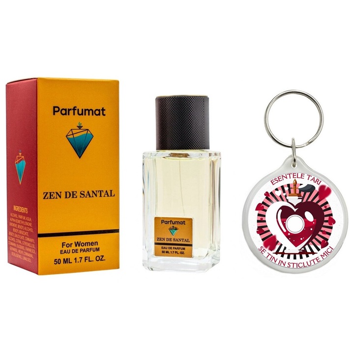 Set Apa de parfum, Parfumat, Zen de Santal, 50 ml, de dama cu Breloc Personalizat "Esentele tari se tin in sticlute mici"