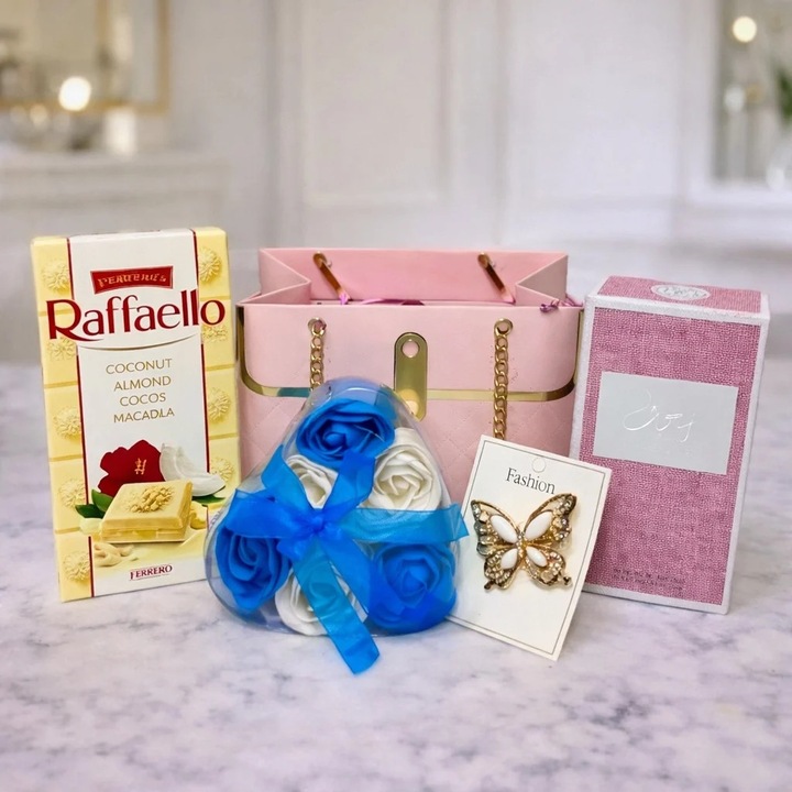 Pachet Trinket, apa de parfum arabesc Mousuf femei 50 ml, ciocolata Raffaelo 90gr, cutie trandafiri din sapun si brosa, in punga tip poseta, Roz, VELVE