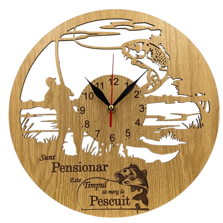 Ceas de perete cu mesaj standard pentru Pescari "Sunt Pensionar...", cadou personalizat perfect pentru Iubitorii de Pescuit, 30x30cm, cadran maro