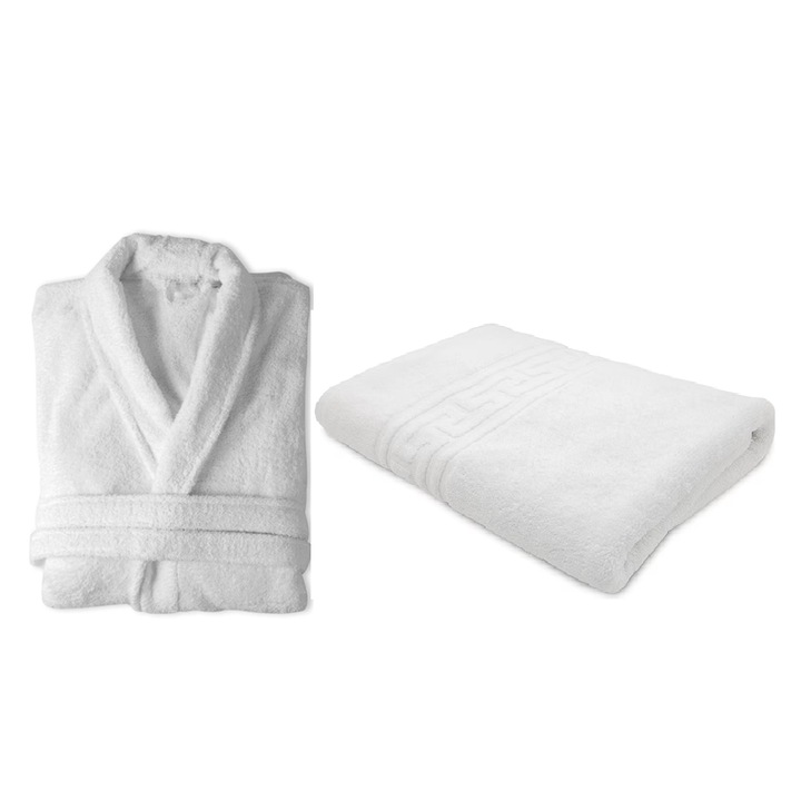 Set halat de baie si prosop alb 70x130 cm, 500 gr, 100% bumbac