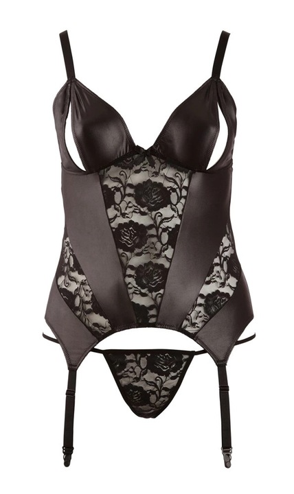 Cottelli szexi felső, állítható pántokkal, csipkebetétekkel, fekete, poliamid és elasztán, szett tangával