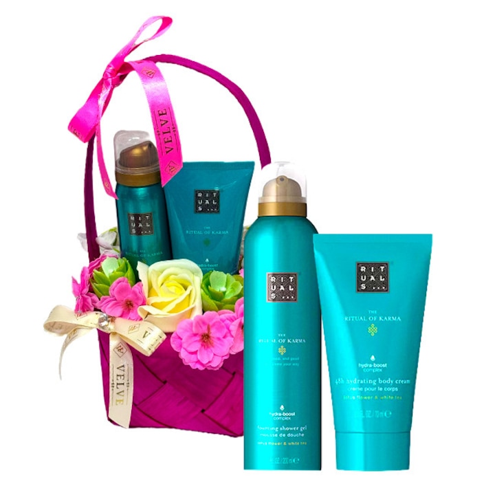 Sakura Feel csomag, Rituals testkrémmel és tusfürdővel, ajándékkosárban és virágkompozícióban, Türkiz, Velve