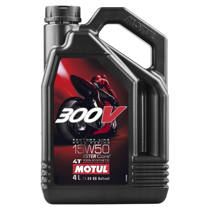 Ulei motor Motul 300V 15W50 4L, sintetic, pentru motociclete 4-timpuri, protectie excelenta, tehnologie ESTER Core
