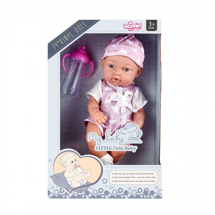 Woopie baba, 36 cm, puha test, szett üveggel, rózsaszín