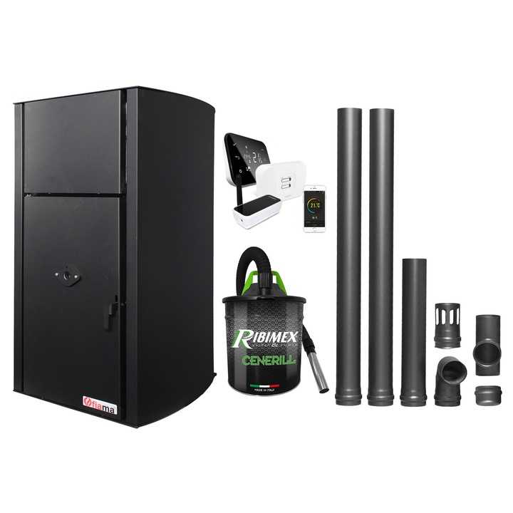 Set control de la distanta, Centrala pe peleti Fiama Confort B 25 kw, complet echipata pentru incalzire, Pompa, Vas expansiune, Automatizare, Termostat, Aspirator Cenusa si Kit evacuare 2.5 ml