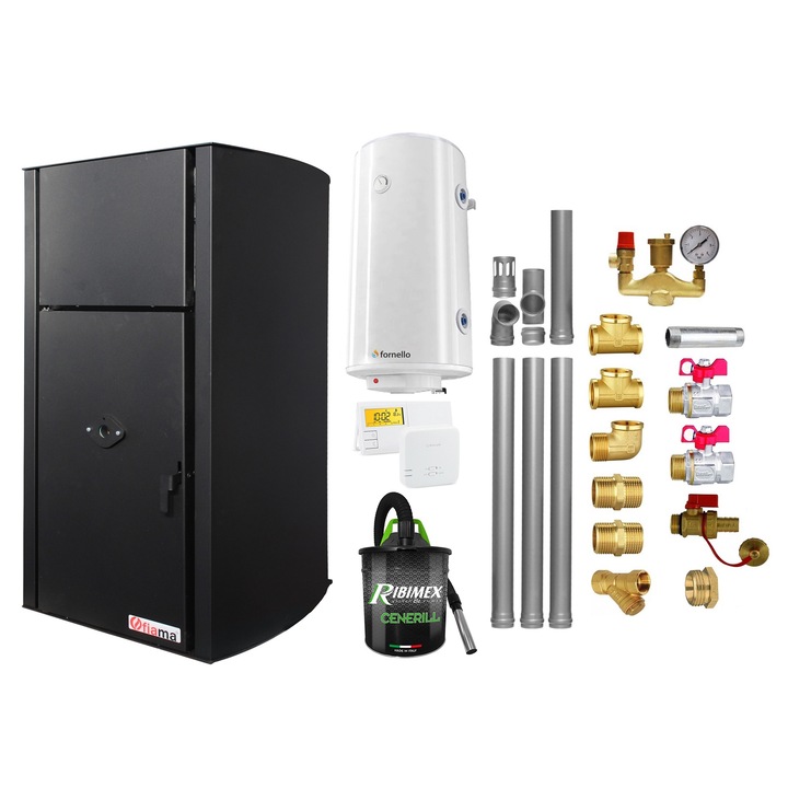 Set Centrala pe peleti Fiama Confort B 25 kw, complet echipata pentru incalzire, Pompa, Vas expansiune, Automatizare, Boiler 100 litri, Termostat, Aspirator, Kit evacuare 3.5 ml si Fitinguri montaj