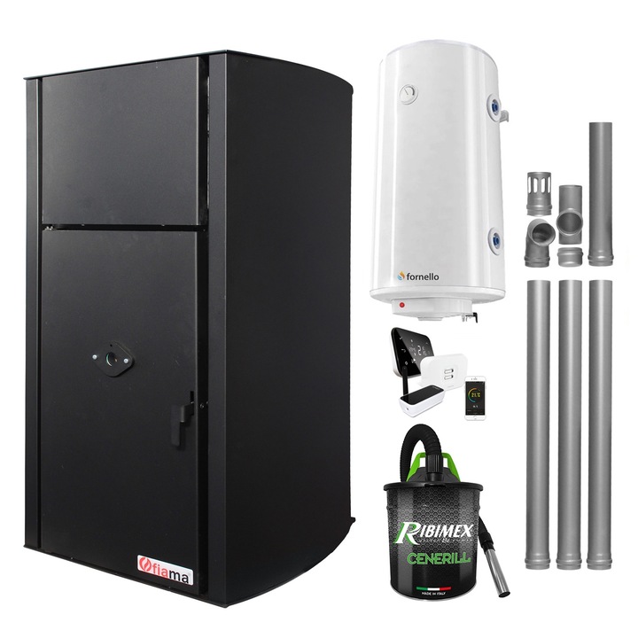 Set control de la distanta, Centrala pe peleti Fiama Confort B 25 kw, complet echipata pentru incalzire, Pompa, Vas expansiune, Automatizare, Boiler, Termostat, Aspirator si Kit evacuare 3.5 ml