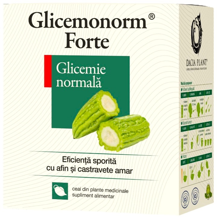 Ceai GlicemoNorm Forte "Glicemie normala" formula noua cu Afin si Momordica, 50g, Dacia Plant