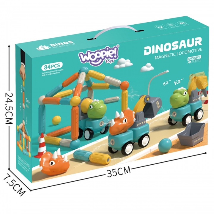 Set de constructie magnetice Woopie, 84 elemente, culori intense, dinozauri