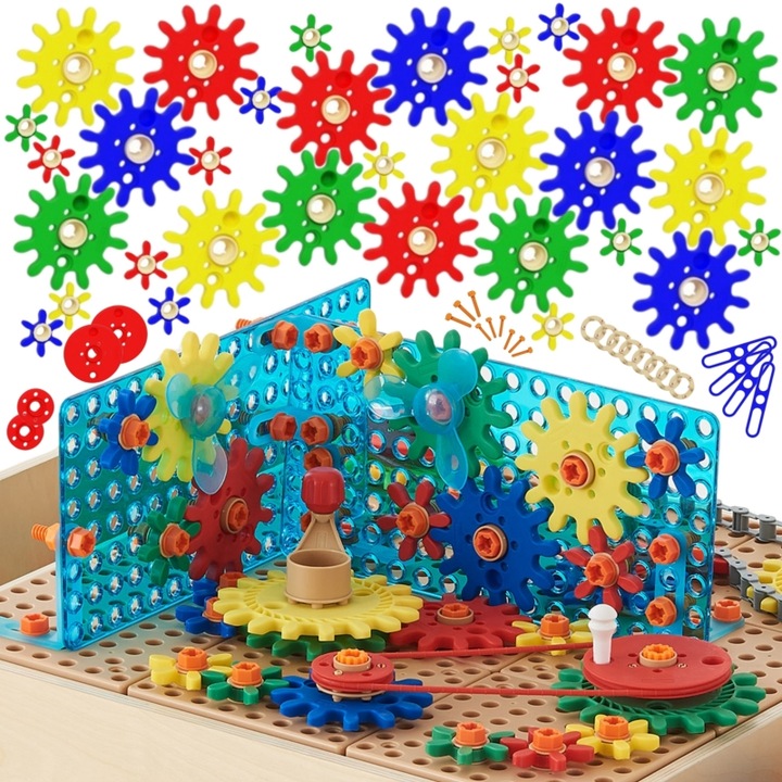 Set de accesorii Masterkidz, 198 elemente, roti dintate si roti din plastic, multicolor